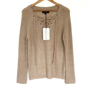 NWT Love Tree Sweater Women's Medium Beige Warm & Cozy Knit Collection Lace-Up
